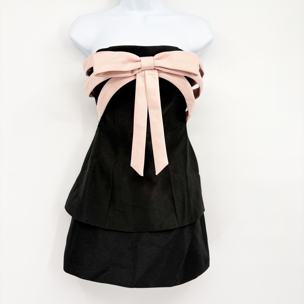 LSEOUL Womens Korea Black‎ Pink Bow Strapless Peplum Skort Set Coquette Party S